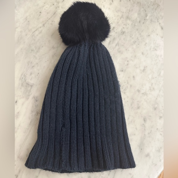Adrienne Landau RIB-KNIT RABBIT FUR POM-POM HAT IN NAVY main image 4